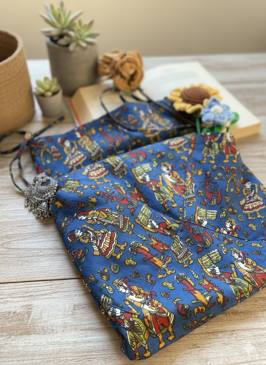 Blue Fork Motif Spaghetti Strap Pocket Short Kurti