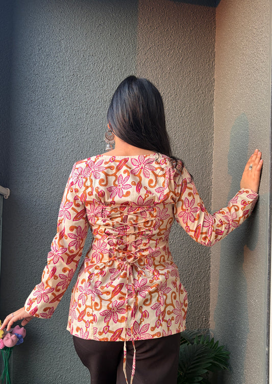 Ananya Full Sleeve Cream Pink Corset Short Kurti