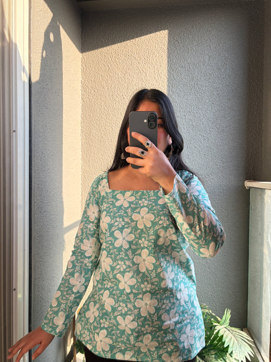 Teal Blue Full Sleeved Square neckline Short Kurti