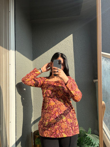 Rice Marron Full Sleeved Square neckline Short Kurti