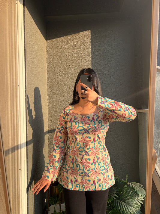 Ananya Full Sleeve Blue Pink Corset Short Kurti