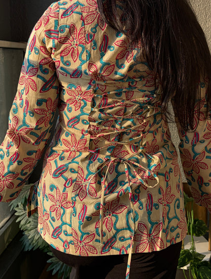 Ananya Full Sleeve Blue Pink Corset Short Kurti