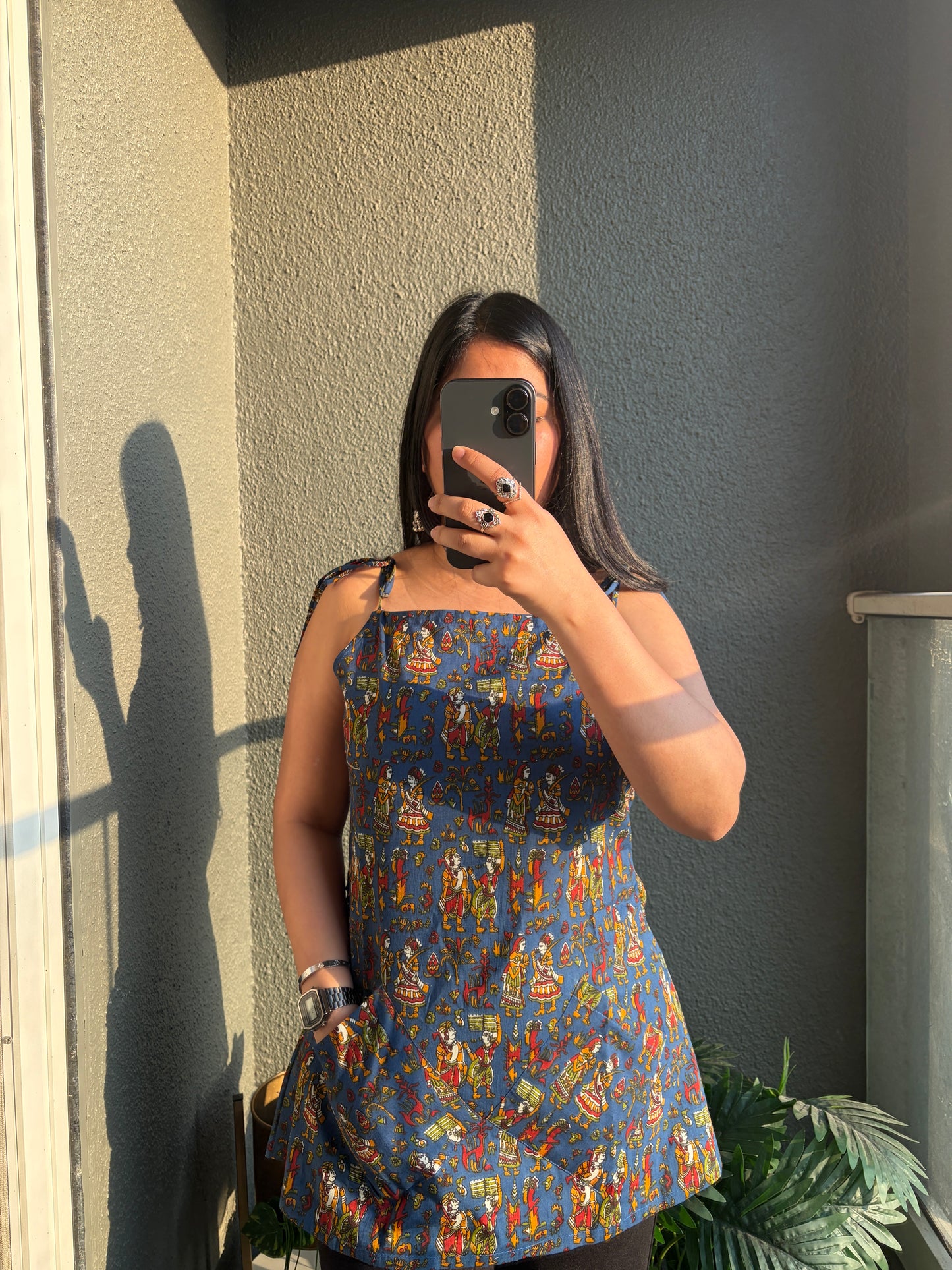 Blue Fork Motif Spaghetti Strap Pocket Short Kurti