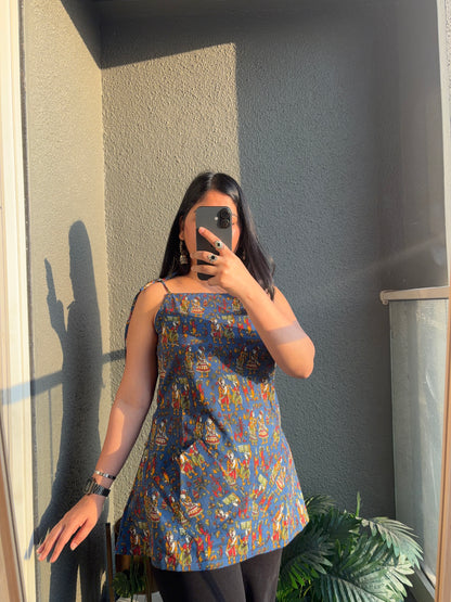 Blue Fork Motif Spaghetti Strap Pocket Short Kurti