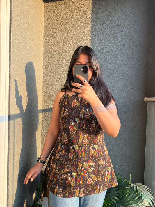 Black Fork Motif Spaghetti Strap Pocket Short Kurti