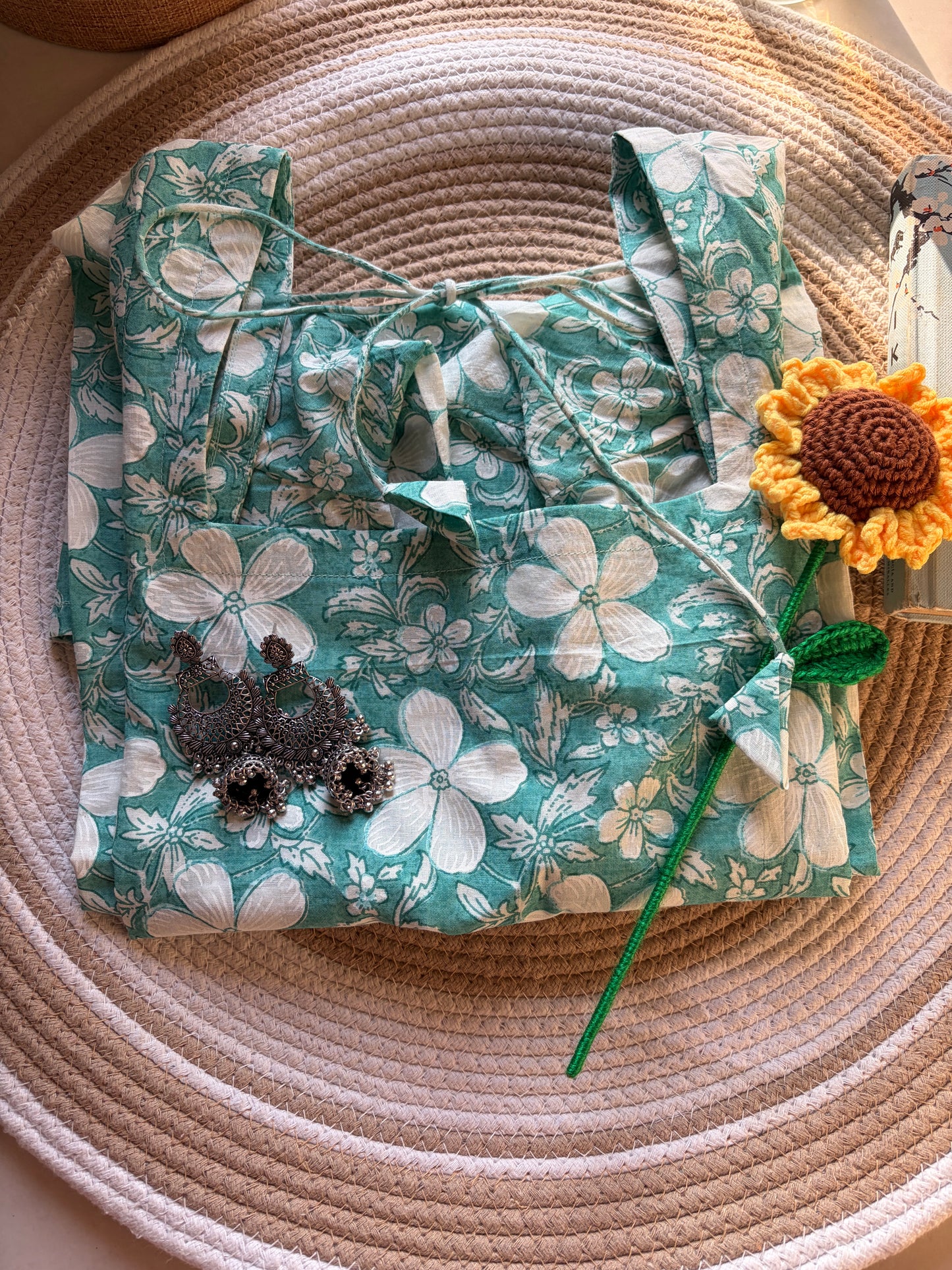 Teal Blue Full Sleeved Square neckline Short Kurti